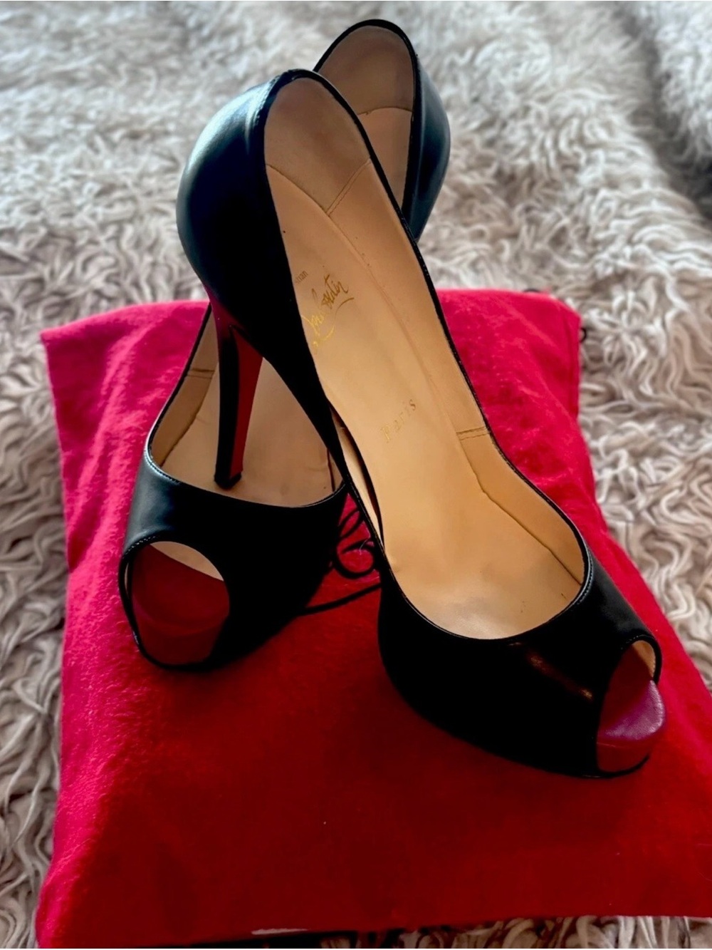 Christian Louboutin Very Prive 120 Black Peep-Toe Stiletto Pumps with Red Soles